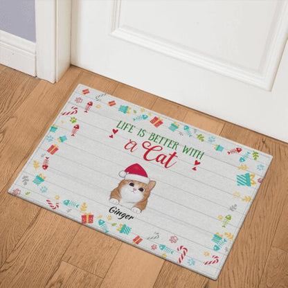 Christmas Life Is Better With Cat Personalized Doormat - Cats and Names can be customized