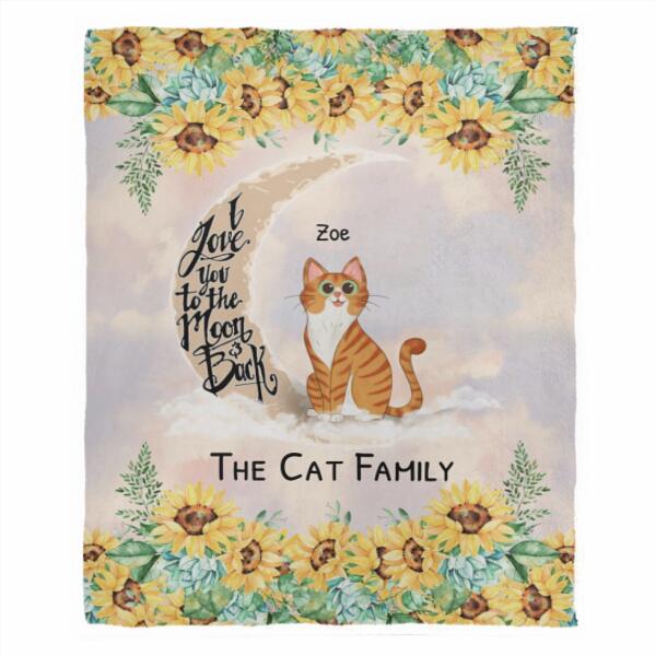 Love Cats To The Moon Sunflower Personalized Flannel Blanket - Cats, Name and Text can be customized