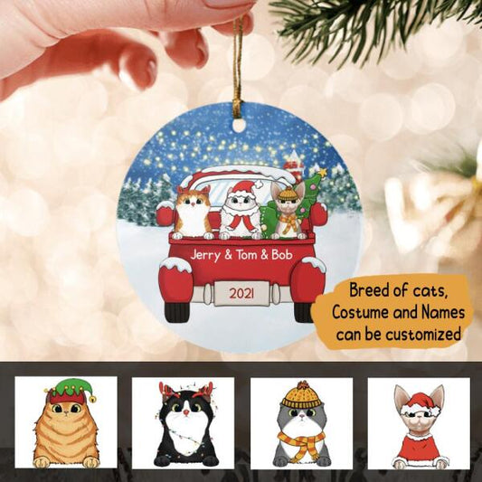 Cat Christmas Red Truck Personalized Ceramic Ornament - Cats, background, names can be customized