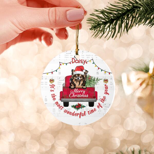 Dog Red Truck Merry Christmas Personalized Ceramic Ornament - Dogs, Names can be customized