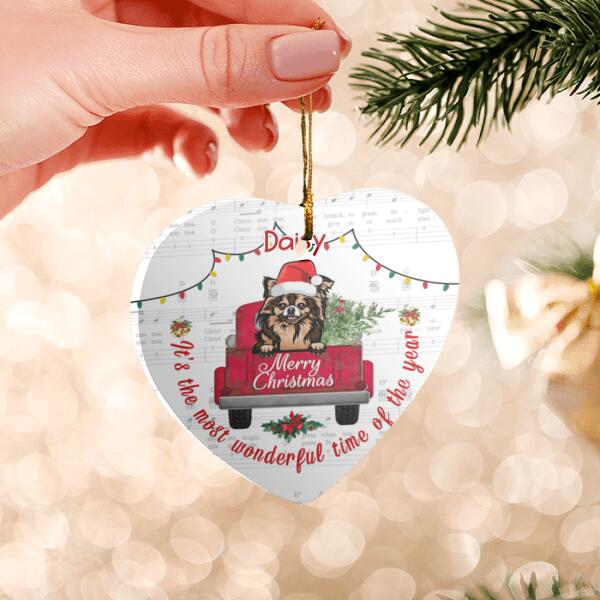 Dog Red Truck Merry Christmas Personalized Ceramic Ornament - Dogs, Names can be customized