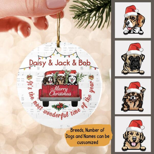 Dog Red Truck Merry Christmas Personalized Ceramic Ornament - Dogs, Names can be customized