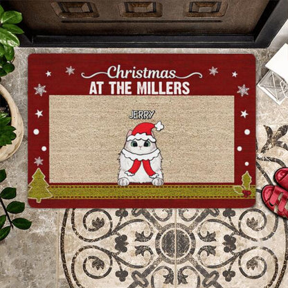 Christmas Family Name Cat Personalized Doormat - Cats, Costumes and Names can be customized