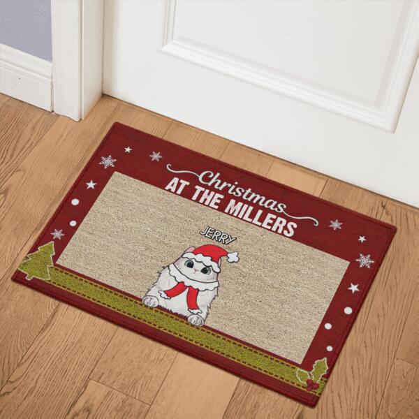 Christmas Family Name Cat Personalized Doormat - Cats, Costumes and Names can be customized